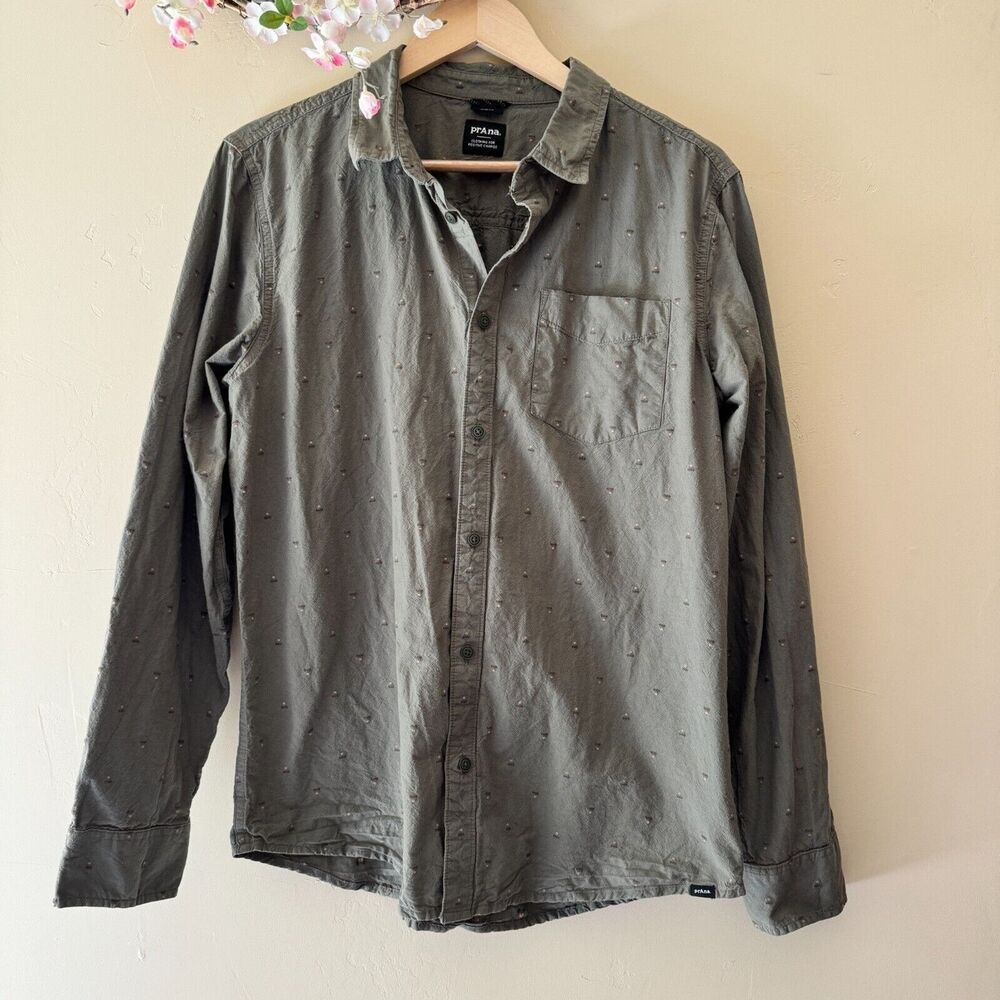 prAna Mens Shirt Army Long Sleeve Button Up Organic Cotton Size M
